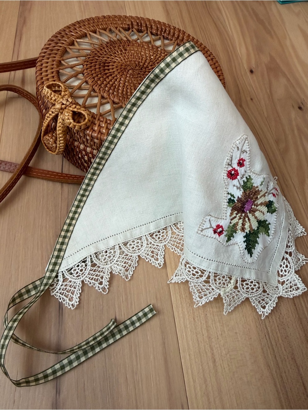 Cottagecore Hair Scarf Handmade Cross Stitch
